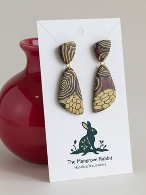 Crimson Ecru Green Swirl Large Handmade Polymer Clay Dangle Earrings w SS Posts